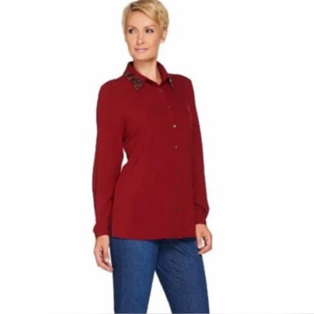 Susan Graver Artisan Stretch Woven Shirt w/ Embellishment Pebble Grey L A281176 - Picture 6 of 8